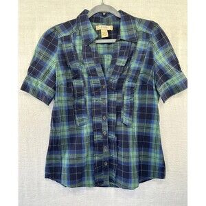 Arizona Jean Co Y2K Shirt Women Jr Lg ButtonDown Plaid Blue Green Short Sleeve